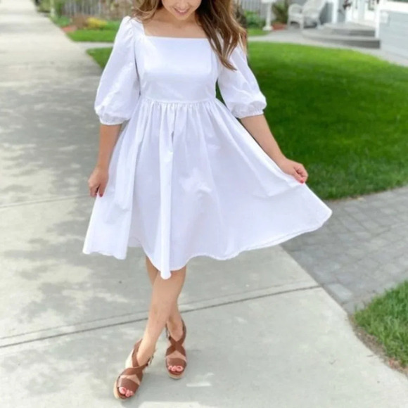 Emma Knudsen White Puff Sleeve Square Neckline Charlotte  Dress Sz S - Picture 2 of 11